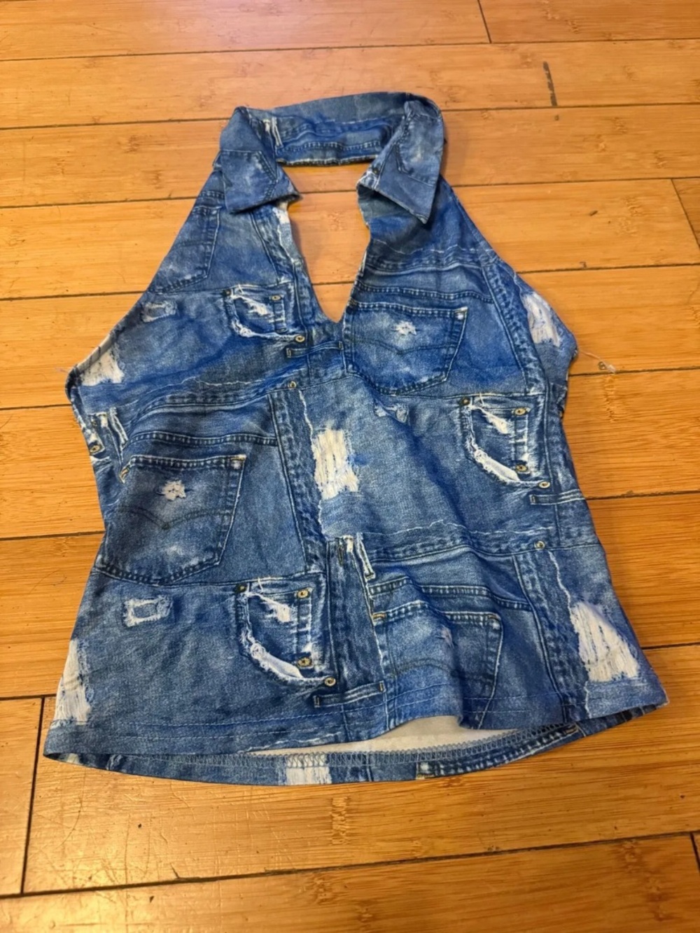 Pimkie Blue Denim-Print Halter Cami Top